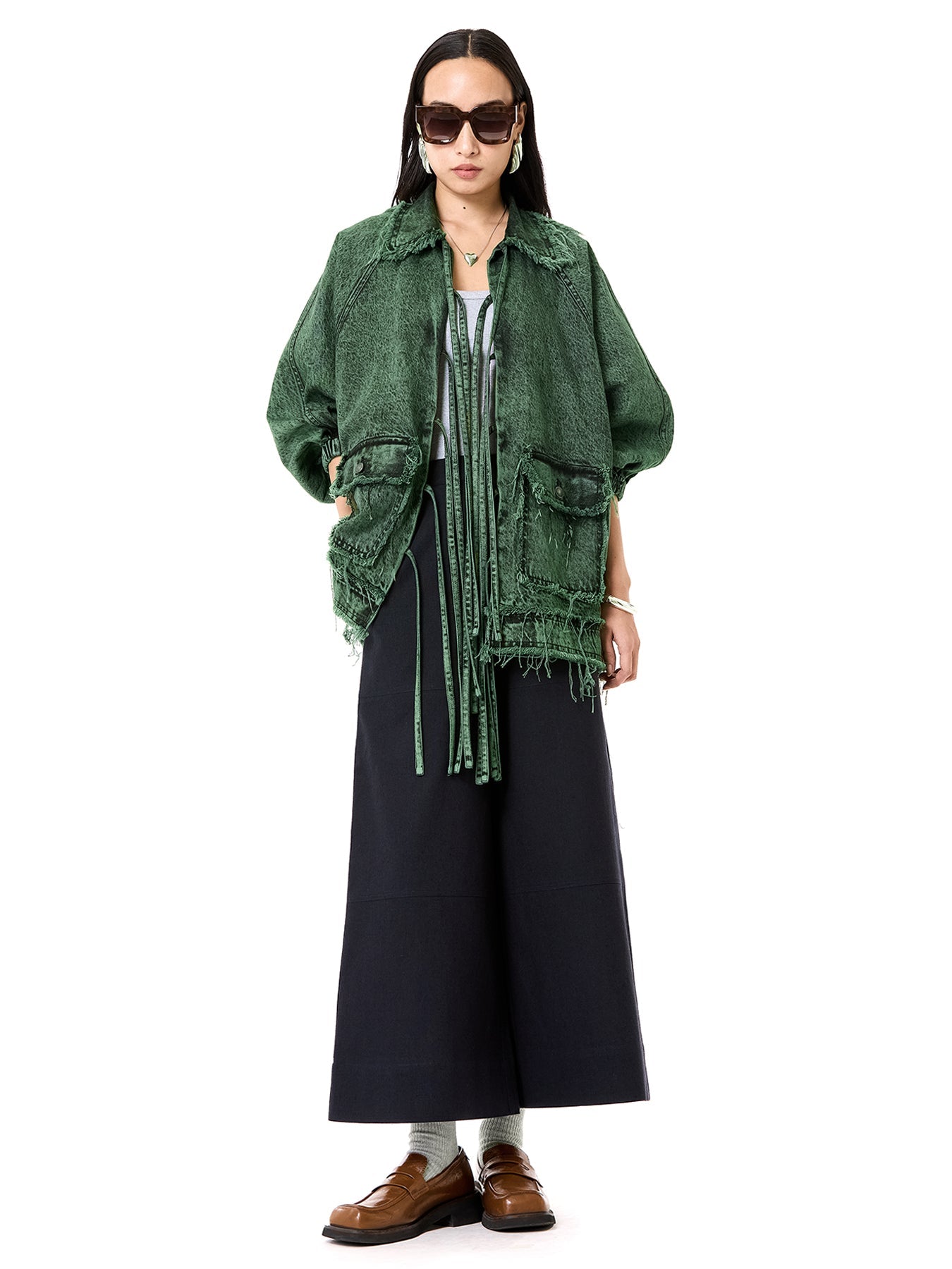 Raw Edge Denim Tie-up Shacket